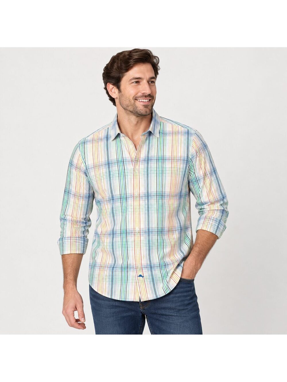 Tommy Bahama Men's Multicolor Plaid Pima Cotton Button Down Shirt L